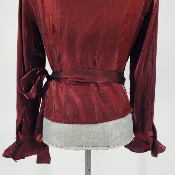 Xscape Wrap Blouse Top 10 Ruffle Trim Long Sleeve Iridescent Maroon Red Holiday - Picture 7 of 9